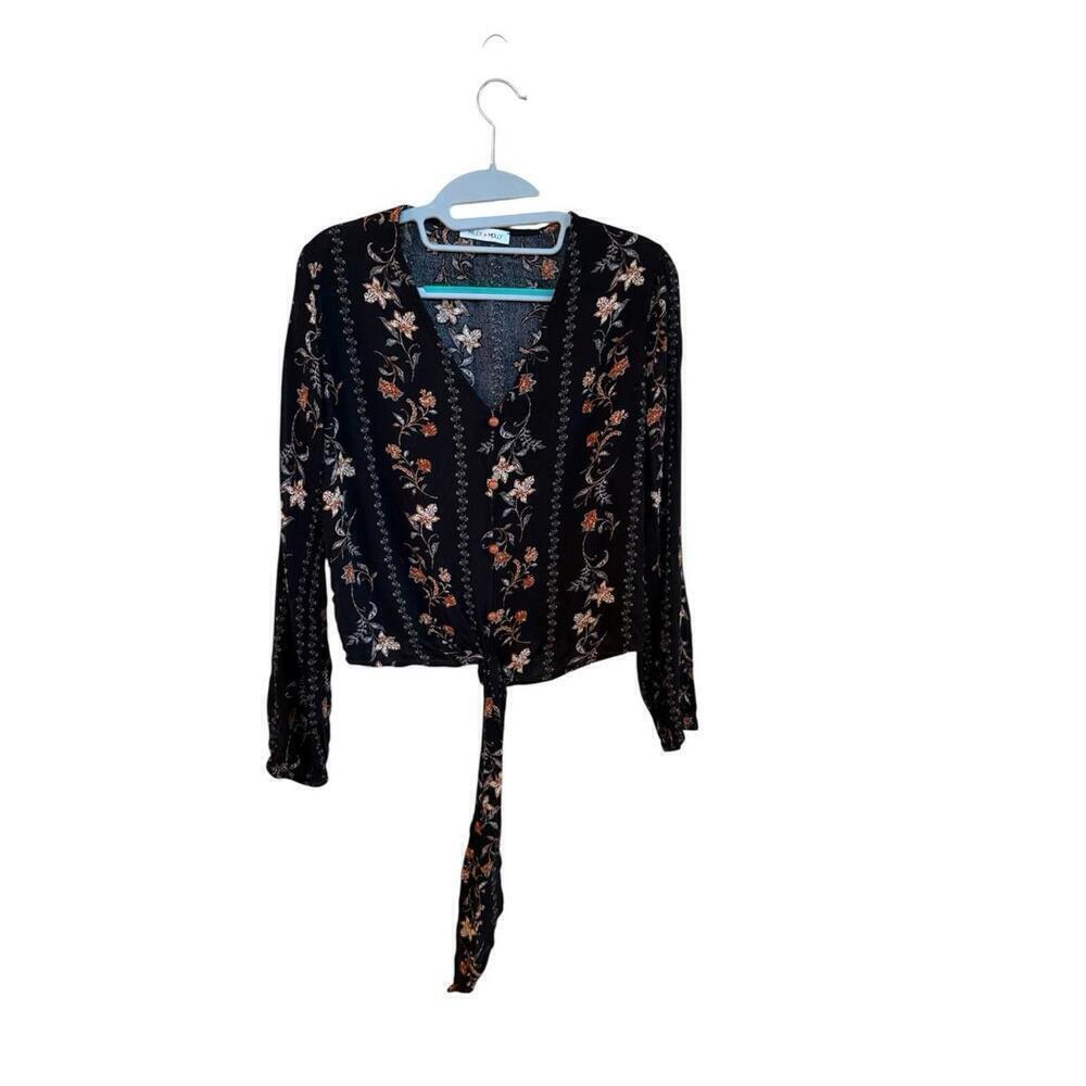 Miley + Molly Women’s Top Small  Long Sleeve Blouse Tie Back Black